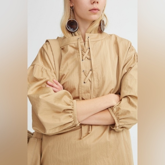 Rodebjer Sinim Crinkle Camel 100% Italian Cotton Tunic Dress Size Small NWT Fall - Picture 6 of 15
